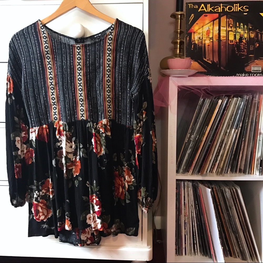 Vintage Y2k Boho Mini Dress Floral Long Sleeve Sundress Printed Peasant Miss Me